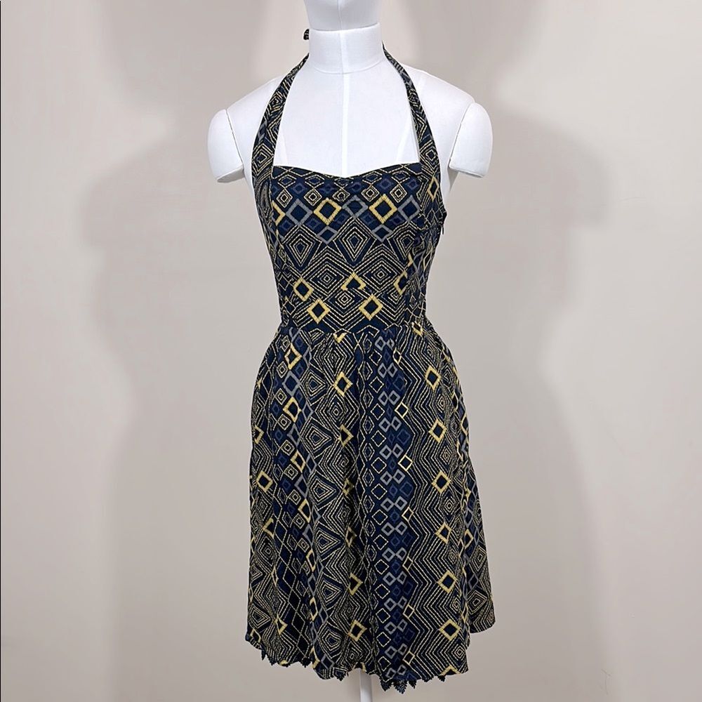 Edme & Esyllte Halter Blue Gold Smocked Lace Crochet Lined Dress Women Size 2